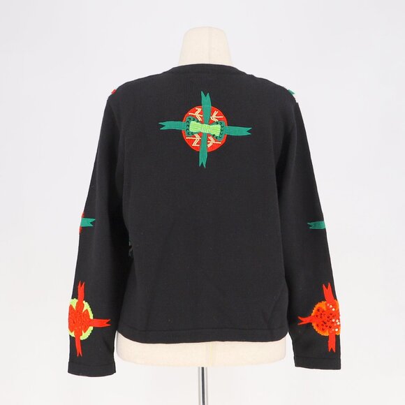 VINTAGE BEREK Sequin Beaded Holiday Ornament Knit Cardigan Sweater Size L - Picture 4 of 9